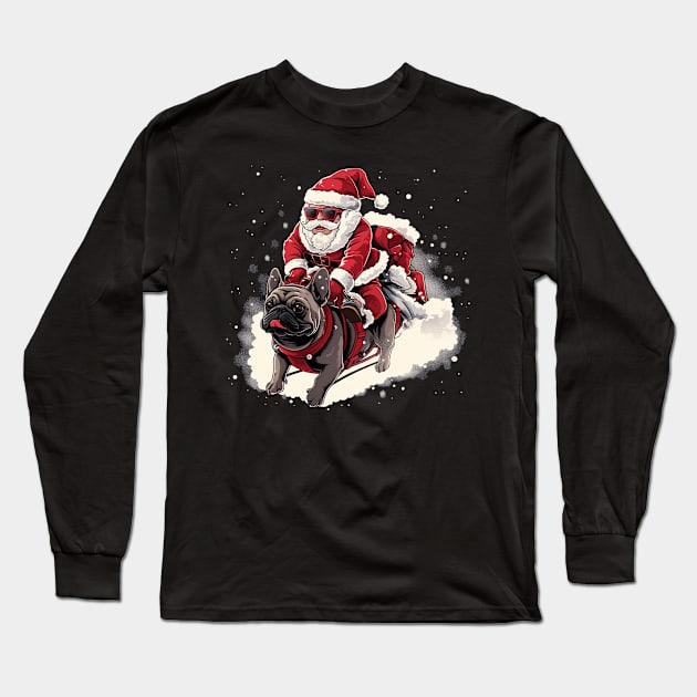 Merry Christmas Cool Santa Claus Riding French Bulldog Long Sleeve T-Shirt by Pro Design 501